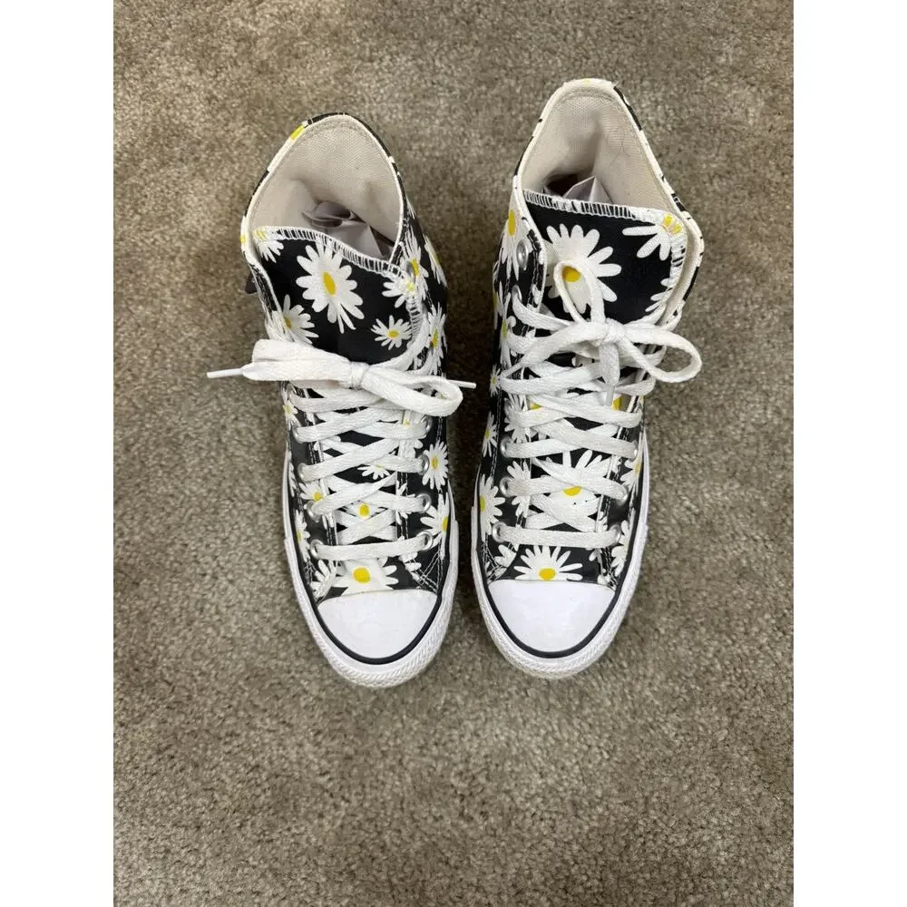 Converse High Top Sneakers Black with White and Yellow Daisy Print - Picture 7 of 9